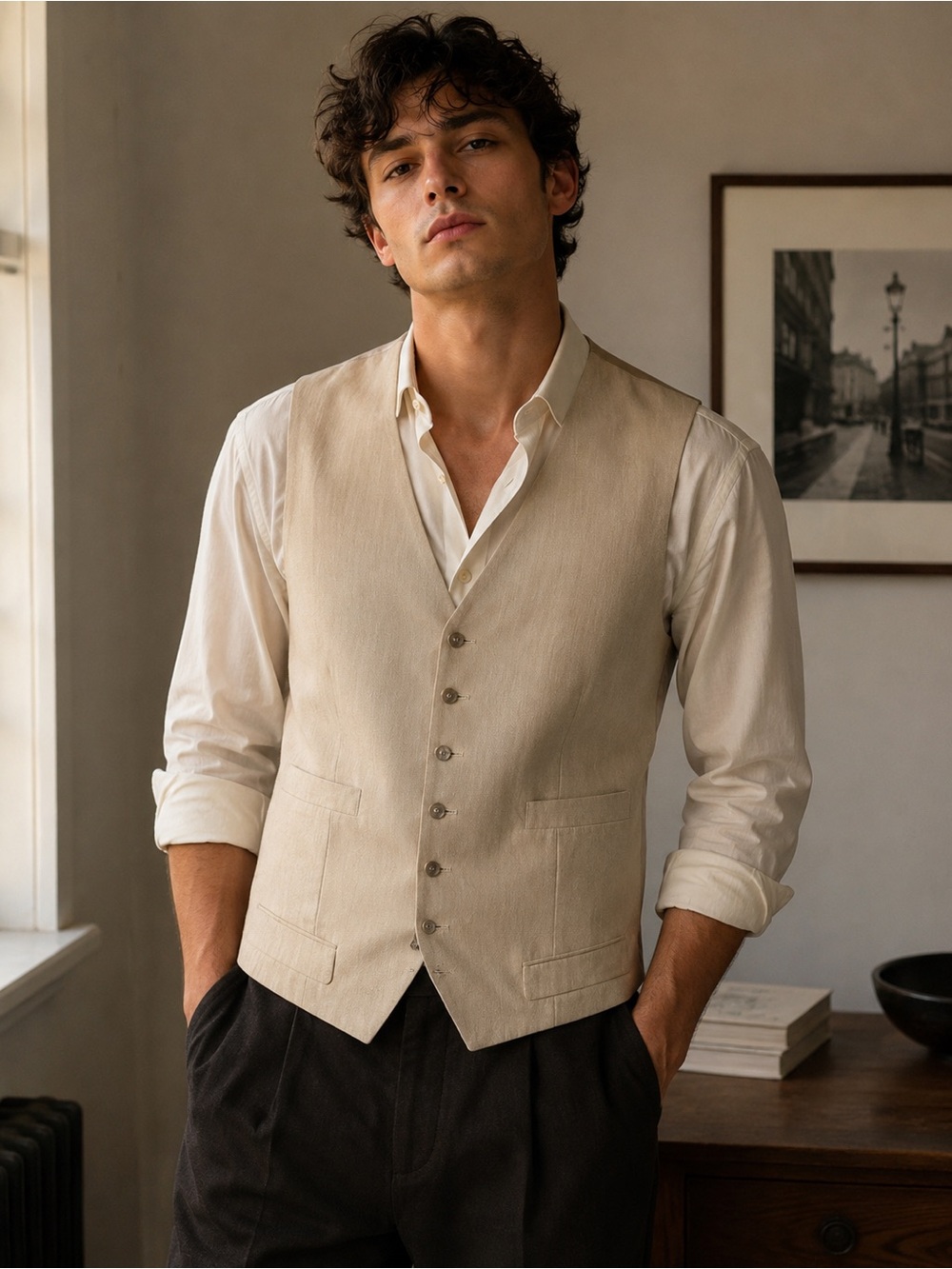 Men's Cream Dress Vest - Tailored Formal Waistcoat